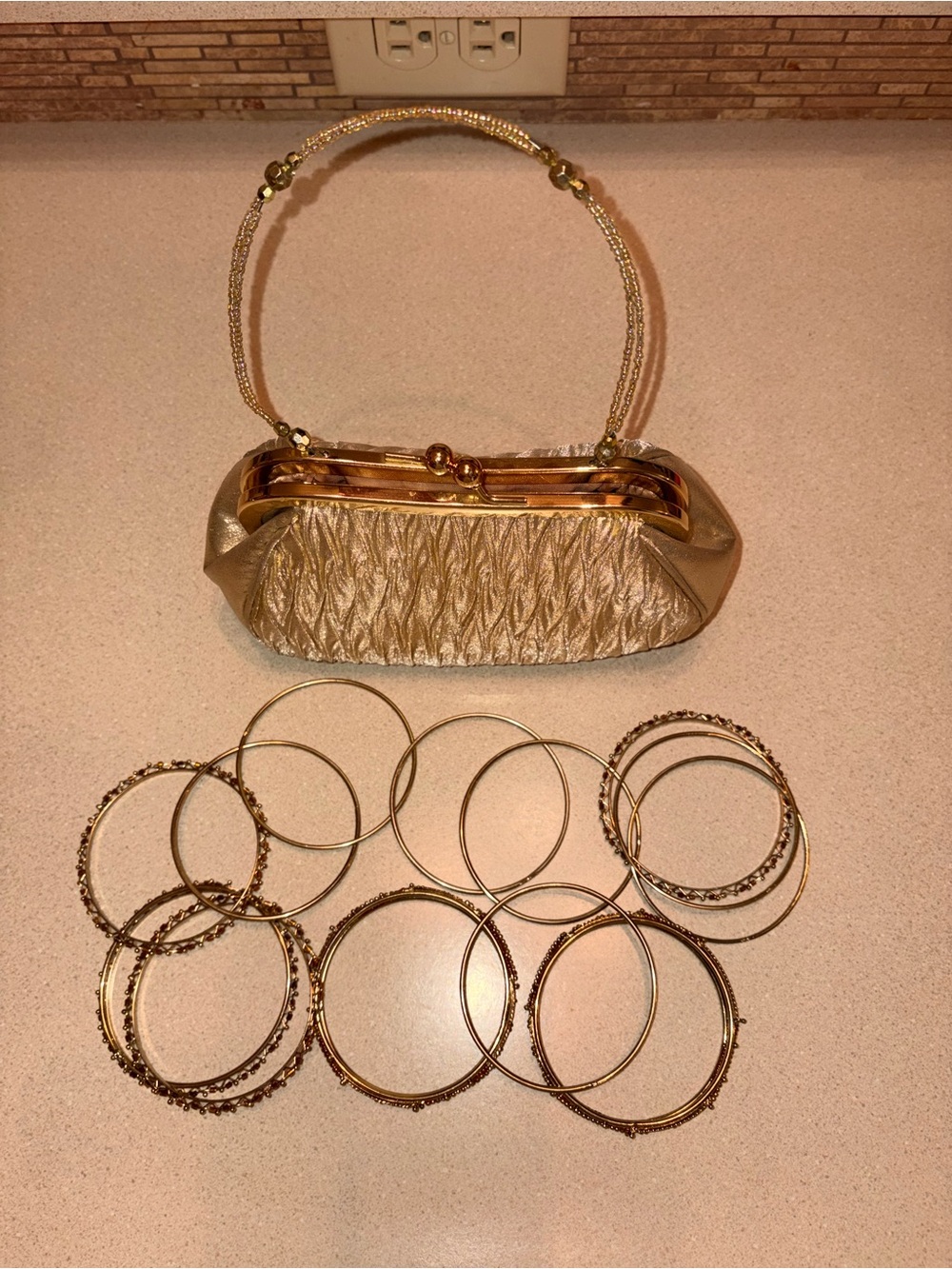 Gold Evening Clutch Bag with Chain Handle, and Matching Bangles